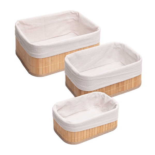 Conjunto 3 Cestos Retangulares de Bambu com Forro de Tecido