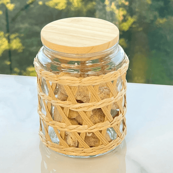 Pote de Vidro com Tampa em Madeira Sisal